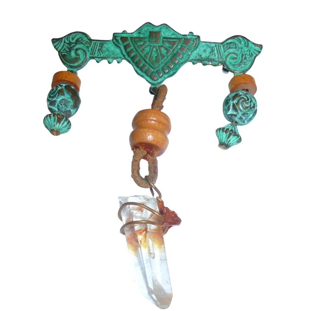 Vintage Southwestern Verdigris Brooch Pin Wire Wrapped Quartz‎ Crystal Point